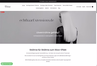 Screenshot der Website echthaarextensions.de mit Kategorien für Bondings, Tape Extensions, Genius Wefts und Zubehör. Im Fokus steht ein Werbebanner mit dem Slogan „Löwenmähne gefällig?“ sowie ein Hinweis auf 10 % Rabatt mit dem Code