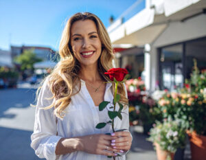 Strahlende Frau mit langen, goldblonden Wellen hält eine rote Rose in der Hand, steht vor einem sonnigen Blumenladen – natürlicher Look mit Haarverlängerung aus Echthaar.