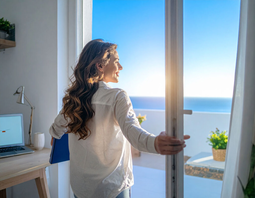 Junge Frau mit welligen Echthaar-Extensions steht in heller Wohnung und blickt durch geöffnete Balkontür auf das Meer im Morgenlicht