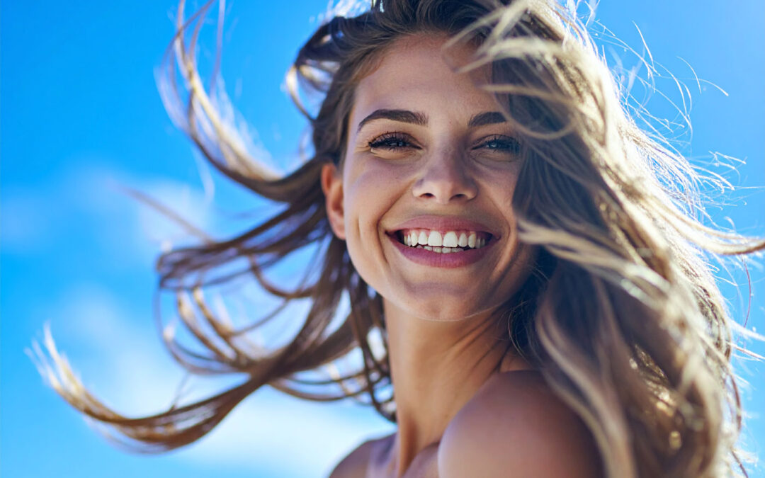 Frau mit langen, glänzenden 100 % Remy-Echthaar-Extensions lacht in die Kamera vor blauem Himmel