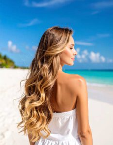 Frau mit langen, goldblonden, welligen Haaren am Strand (Rückenansicht) – natürliches Ergebnis mit Tape Extensions aus Echthaar. Marion Schanné