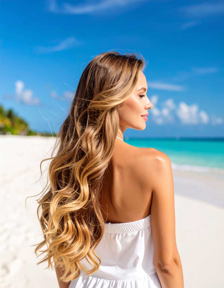 Tape Extensions Echthaar – Natürliche Beach Waves Frau mit langen, goldblonden, welligen Haaren am Strand (Rückenansicht) – natürliches Ergebnis mit Tape Extensions aus Echthaar. Marion Schanné