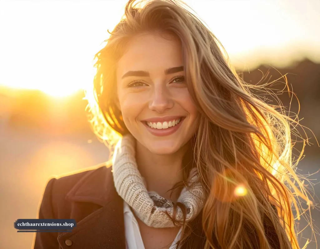 Strahlende Frau mit glänzenden, langen Haaren, die dank Bonding Extensions voller Lebensfreude lacht.