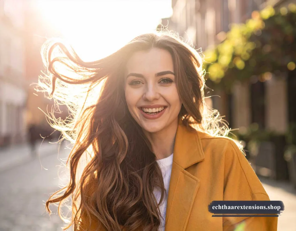 Glückliche Frau mit langen Haaren läuft lachend durch einen bunten Herbstpark im Sonnenlicht.