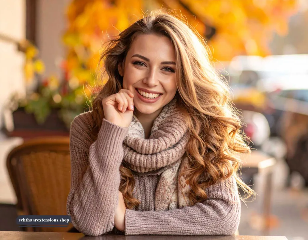 Fröhliche Frau mit wunderschönen, langen Haaren sitzt lachend im Café und genießt den Moment.