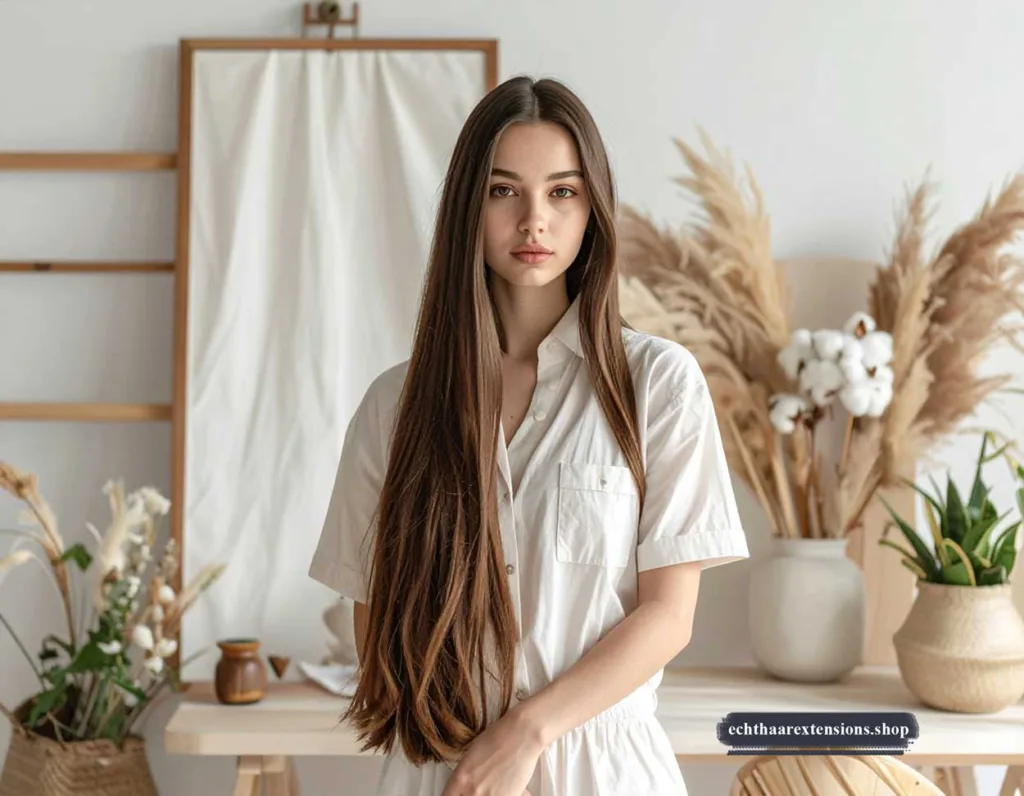 Junge Frau mit langen nachhaltigen Haarverlängerungen in einem natürlichen Ambiente mit Pflanzen und Holz