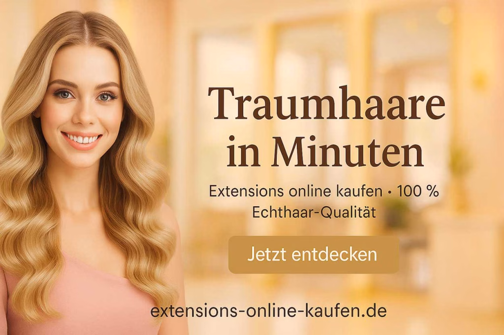 Glückliche Kundin mit voluminösem Haar nach Tape Extensions – professioneller Salonmoment mit Bestellhinweis
