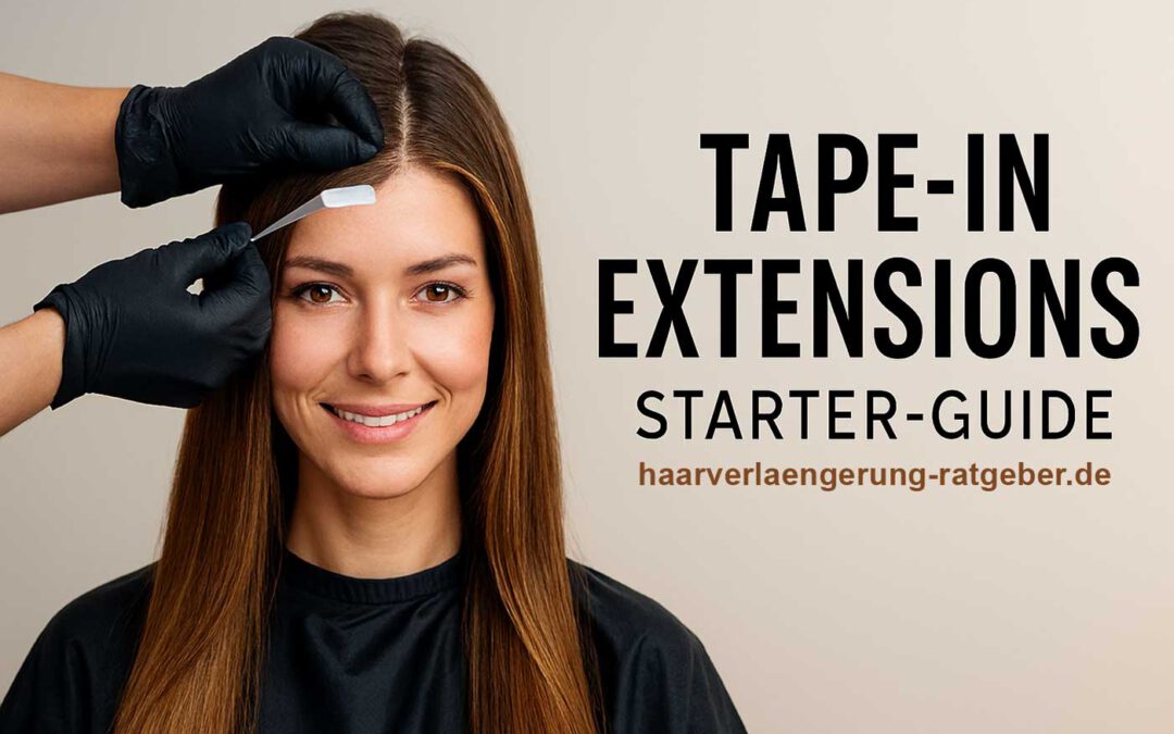 Frau mit Tape-In Extensions während der Anwendung – links naturbelassenes Haar, rechts volles, glänzendes Ergebnis. Sanftes Lächeln, professionelle Umsetzung.