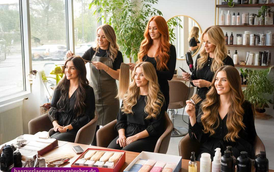 Friseurinnen setzen Echthaarextensions bei Kundinnen im modernen Salon ein – Beratung, Farbauswahl und Pflegeprodukte für natürliche Haarverlängerung mit Echthaar.